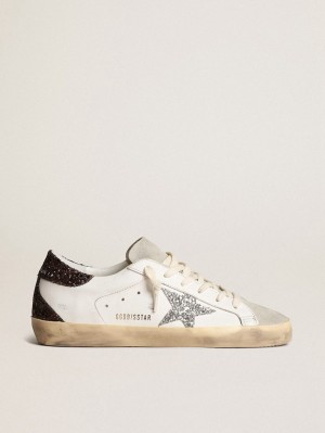Tenis Golden Goose Super Star With Star And Glitter Heel Tab Mujer Plateados Marrom | 62784-SCKQ